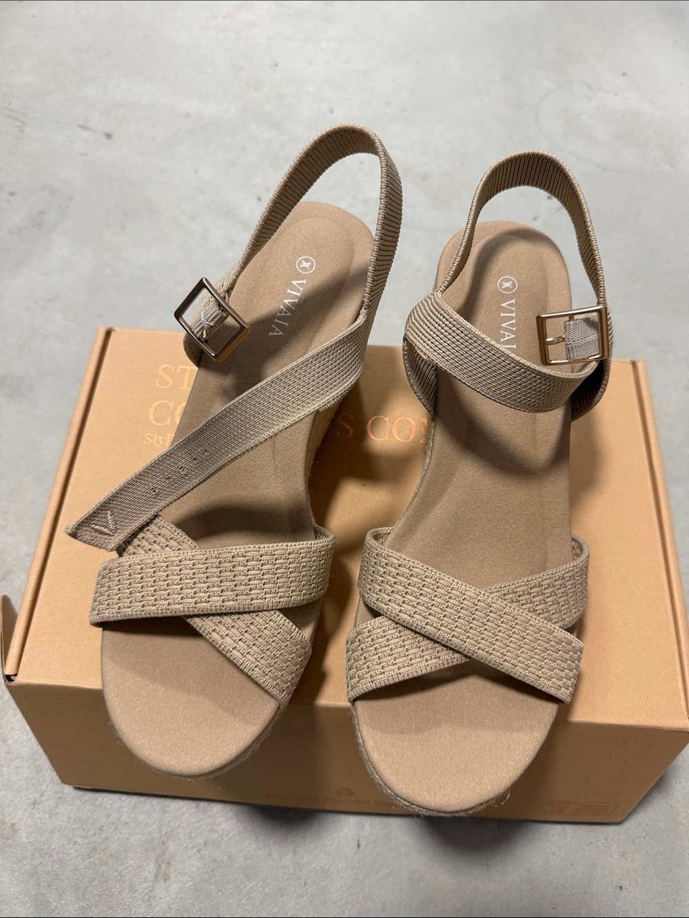 Vivaia Beige Woven Slingback wedge sandals (Sally Almond)